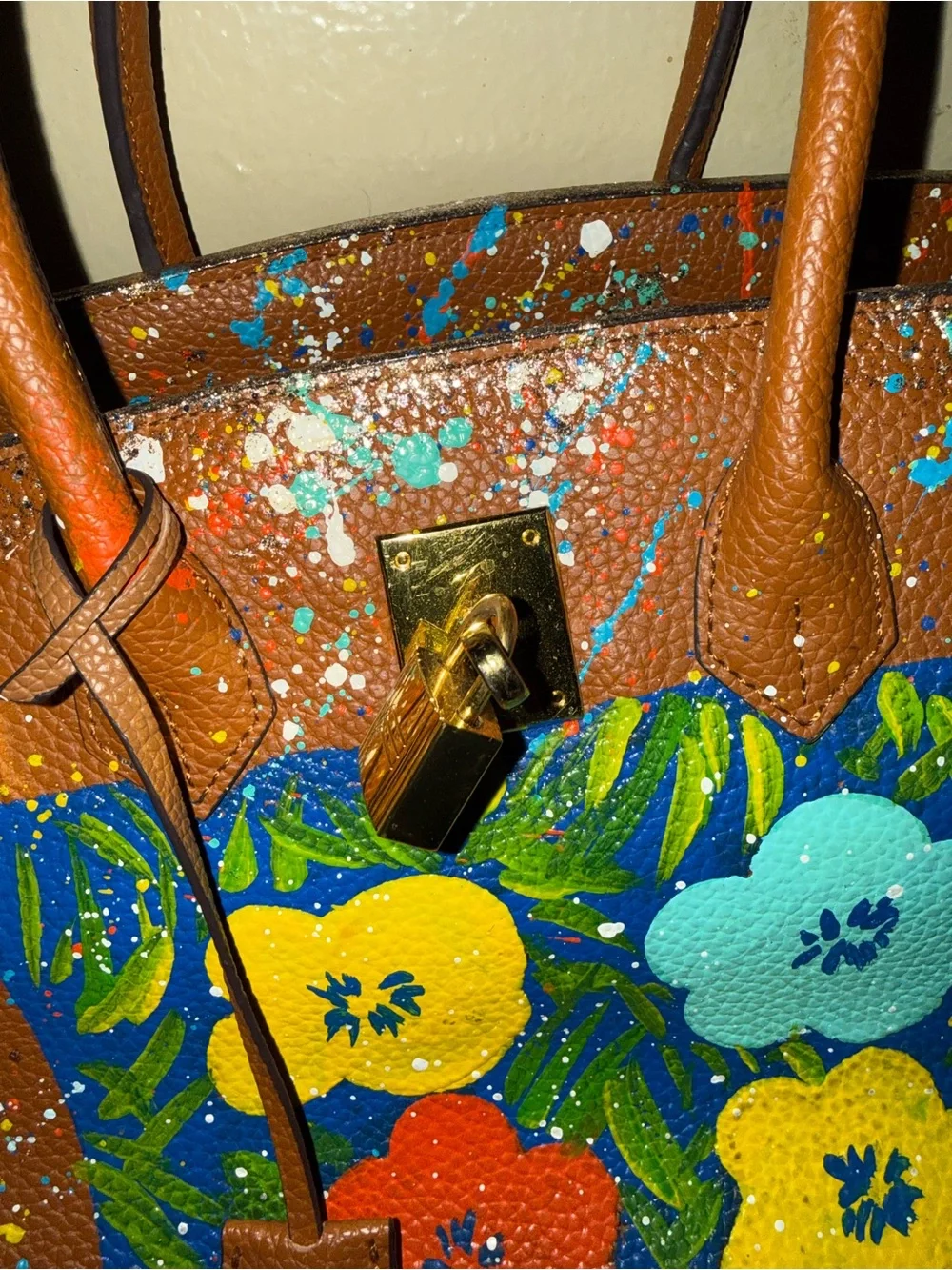 Brown Floral Paint-Splatter Satchel Handbag